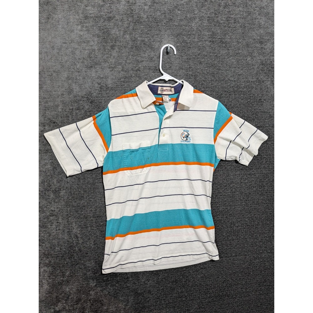 Vintage Antigua Miami Dolphins Polo Shirt Mens Medium Striped Aqua Orange 1956